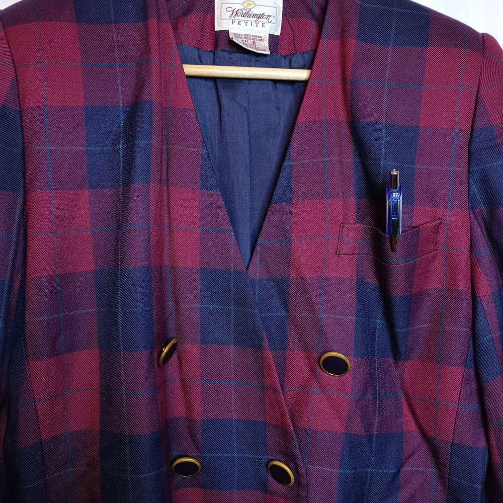 Vintage Worthington Petite double-breasted plaid blazer Sz 8 Money Travel Coquet